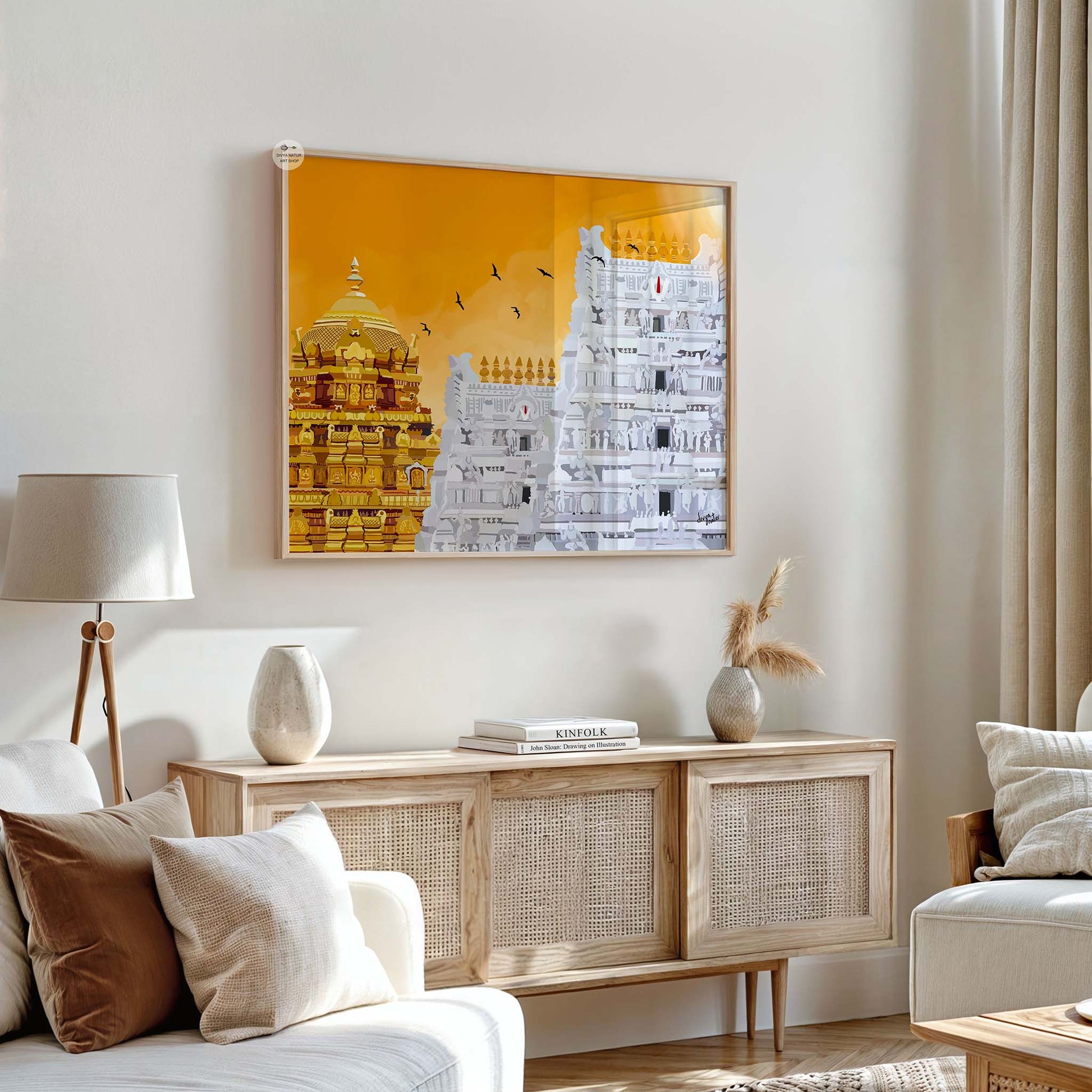 Golden Vimana Tirupati temple illustration radiating devotion with vibrant orange festival sky