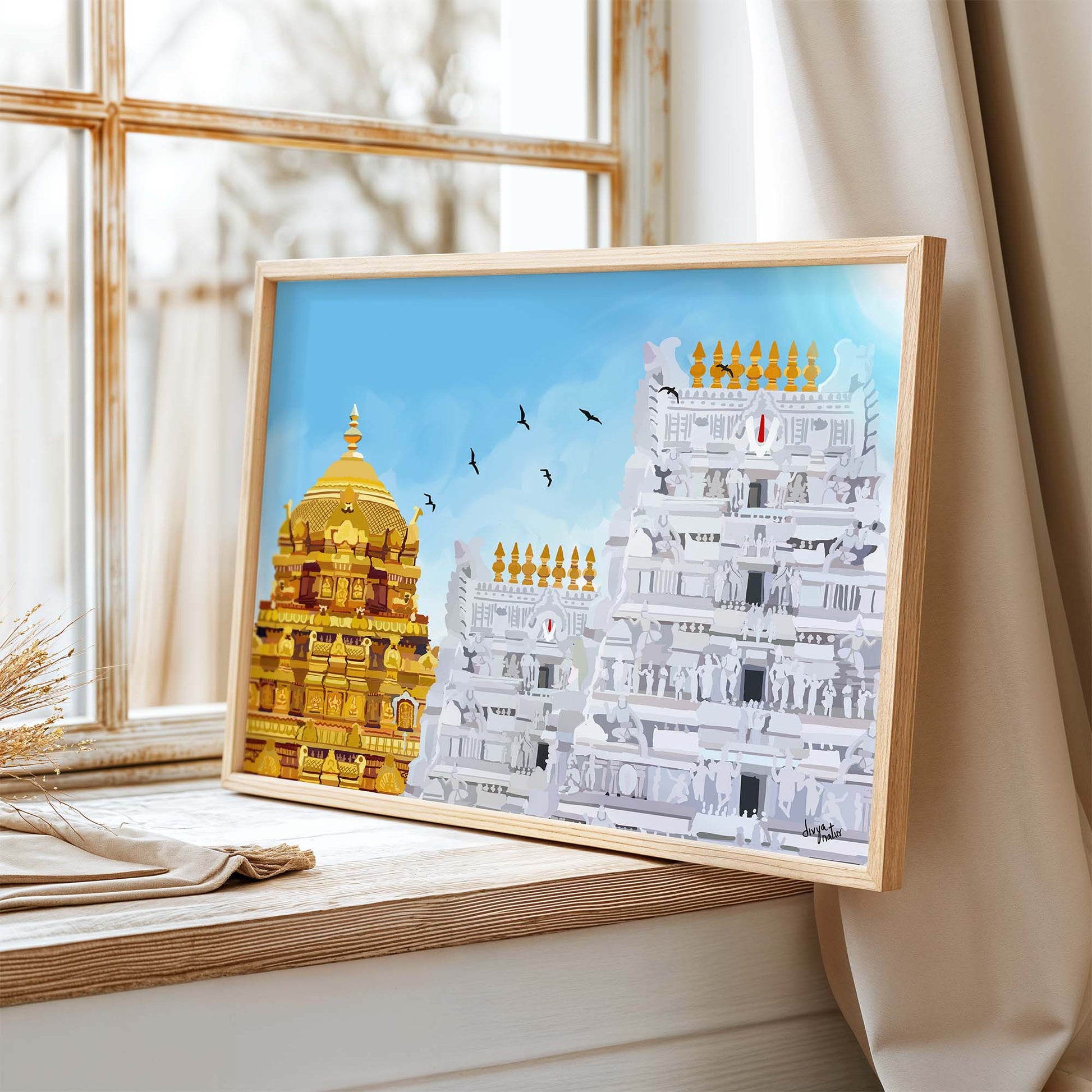 Peaceful Tirupati temple illustration with golden Vimana and gopuram under clear morning sky