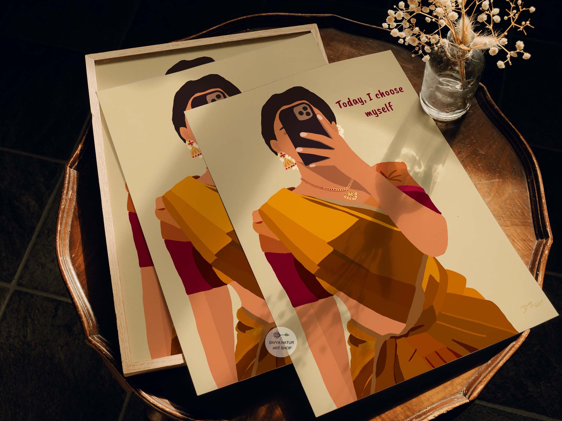 Digital art of a confident Indian woman in saree with "Today, I Choose Myself."