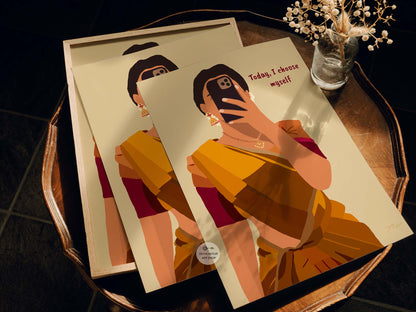 Digital art of a confident Indian woman in saree with "Today, I Choose Myself."
