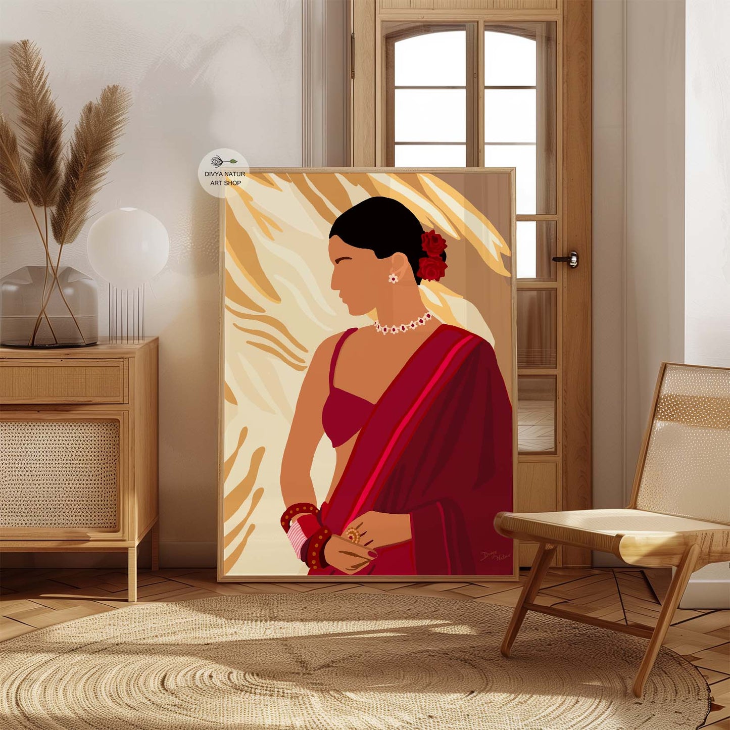 Indian woman in a red saree featuring intricate jewelry and red roses.