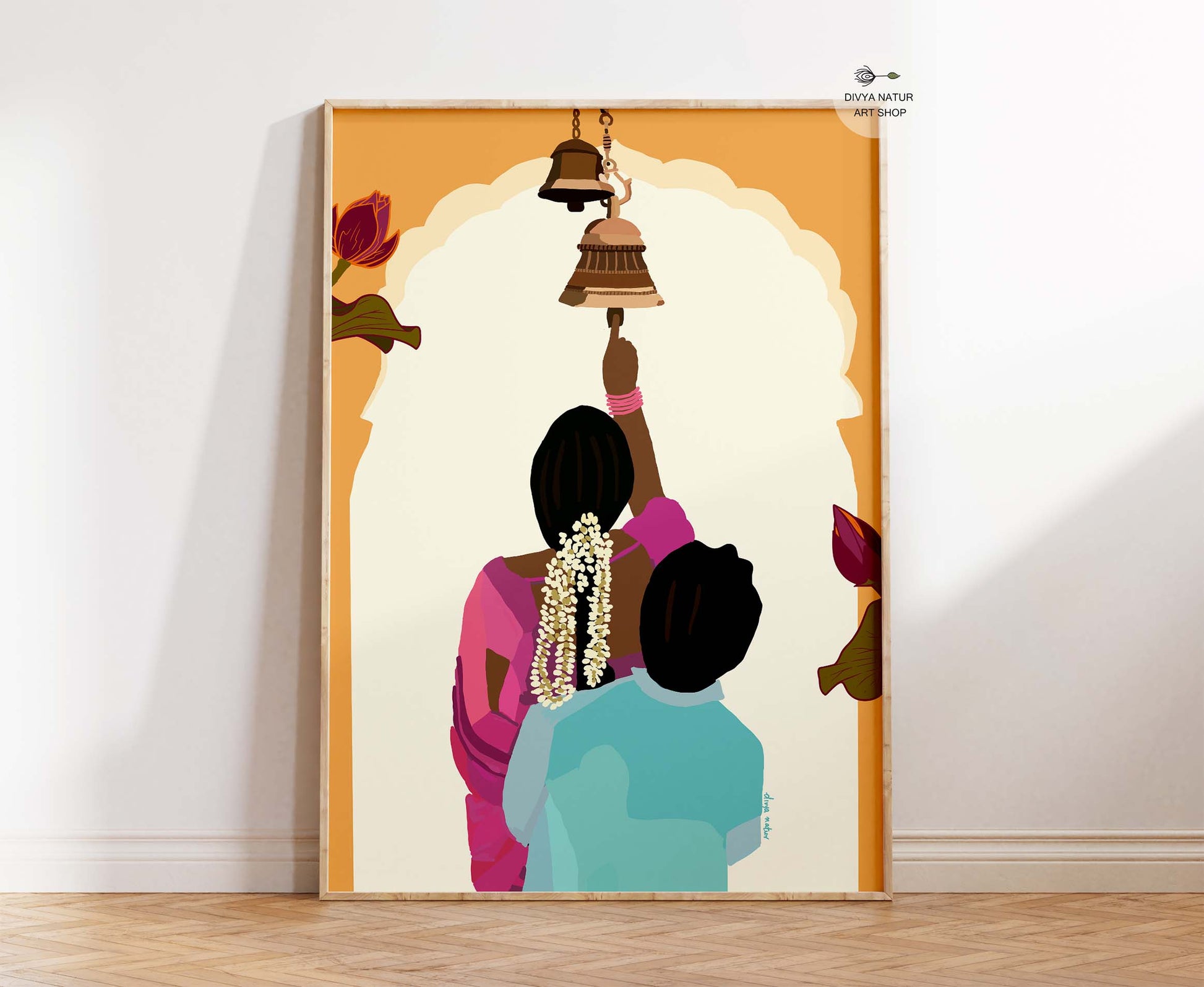 South Indian couple ringing temple bell artwork symbolizing faith and devotion.