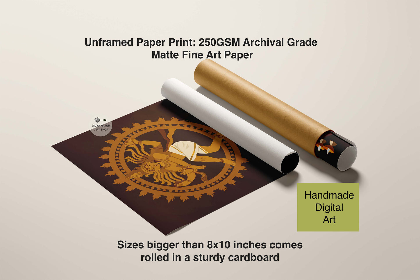 Minimalist fine art interpretation of Nataraja’s cosmic dance in warm brown and gold hues.