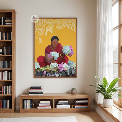 South Indian Woman with Lotus Flowers| Market Scene Art Print