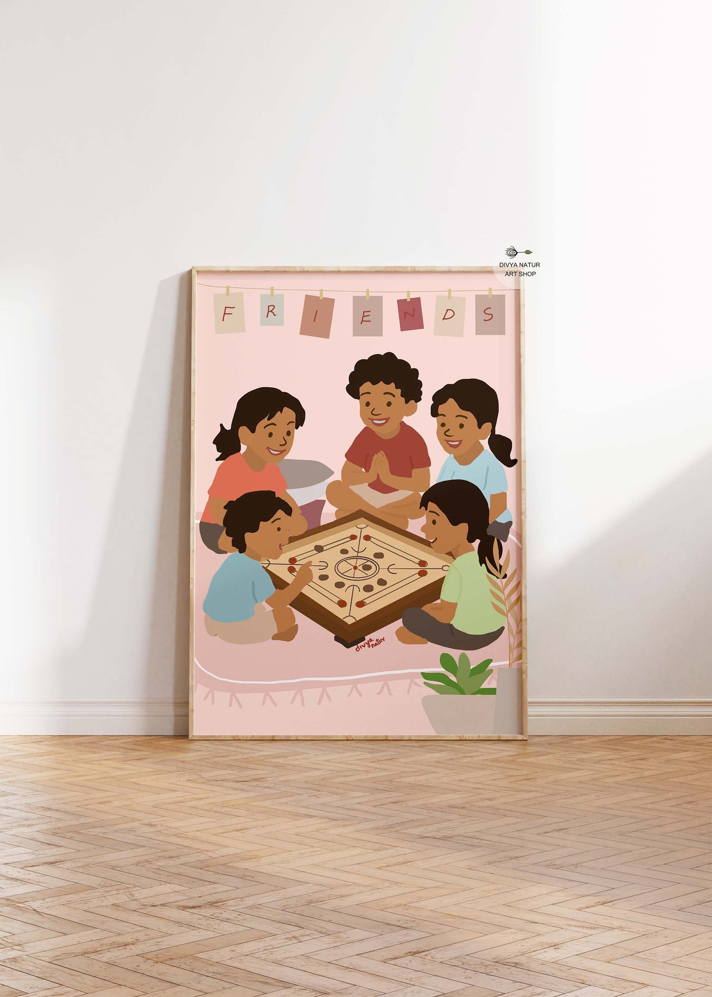 Hand illustrated Indian children playing carrom board together in a warm nostalgic childhood setting