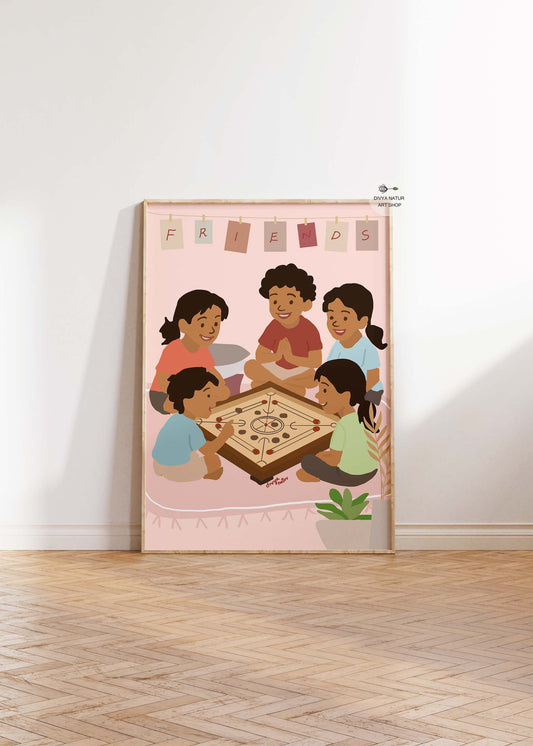 Hand illustrated Indian children playing carrom board together in a warm nostalgic childhood setting