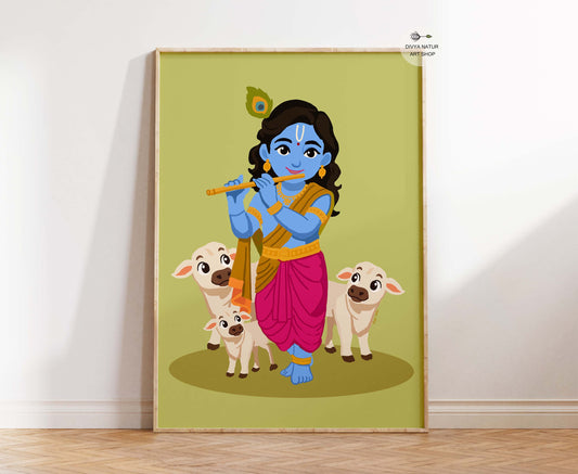 Baby Krishna playing flute with cute calves around him in vibrant devotional artwork for home décor