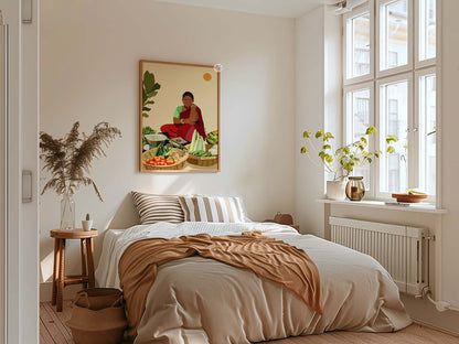 Handmade Indian art capturing rural market charm and colorful produce.