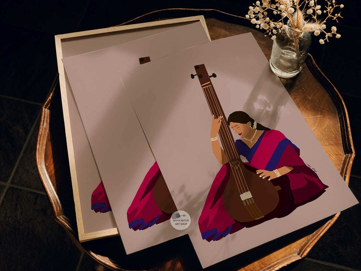 Artistic digital painting of a woman in a saree playing the tanpura.