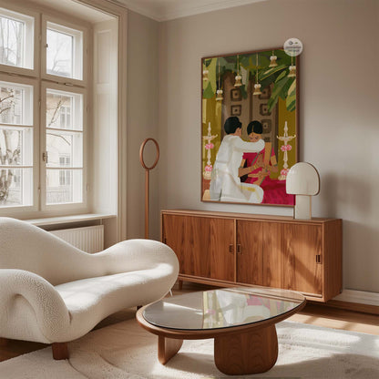 Artistic print of Hindu marriage scene with temple decor