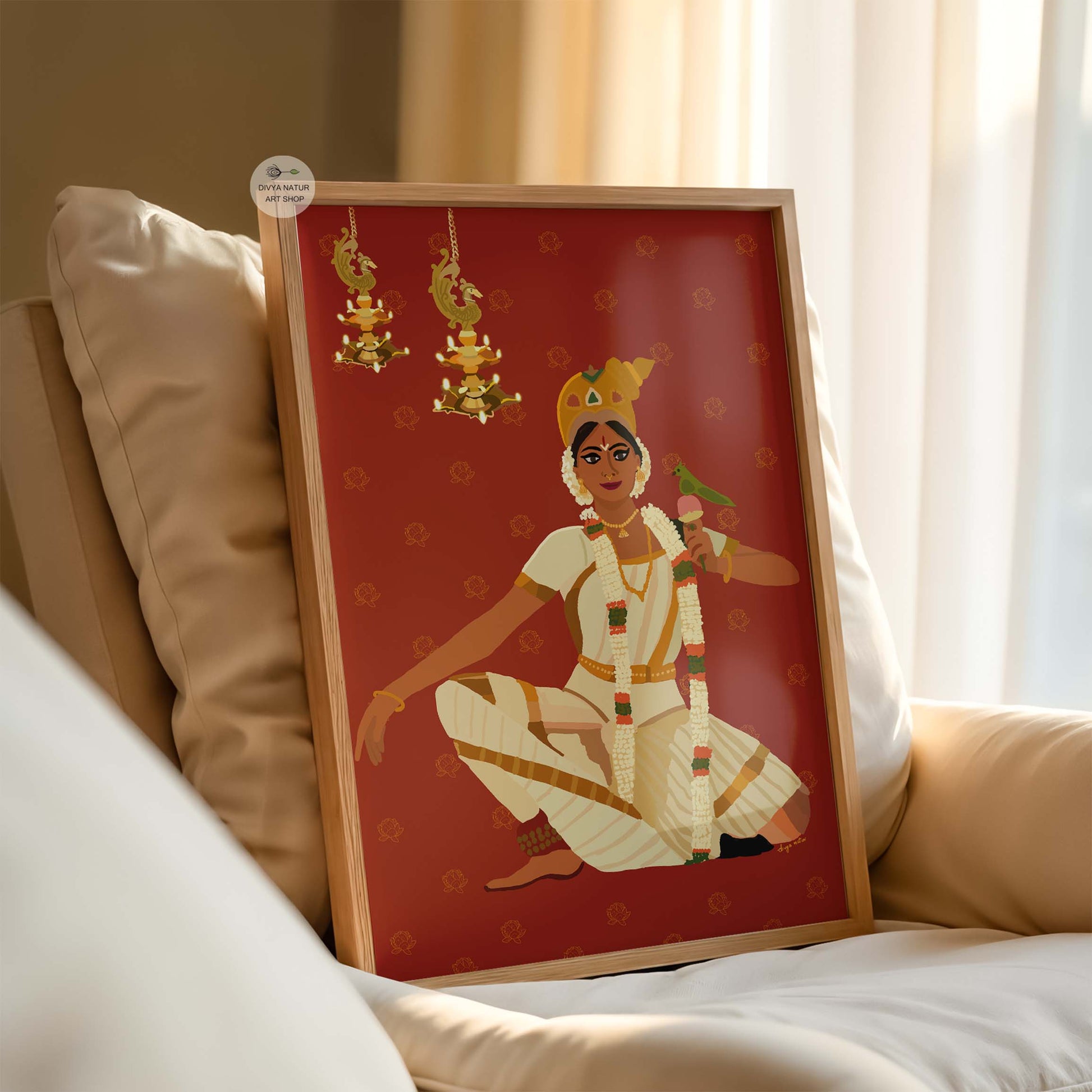 Traditional South Indian classical dancer artwork in cream and gold attire featuring temple jewelry and cultural detailing