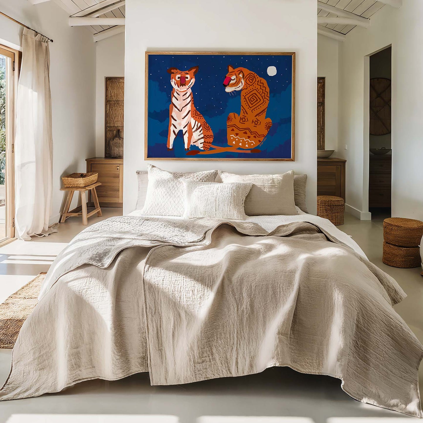 Archival fine art print of mystical tigers beneath moonlight, bold wildlife wall décor