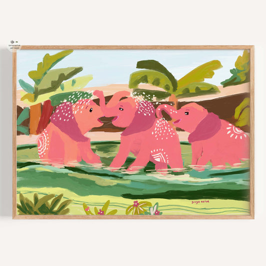 Playful pink elephants splashing in water with tropical trees, whimsical fine art wildlife print