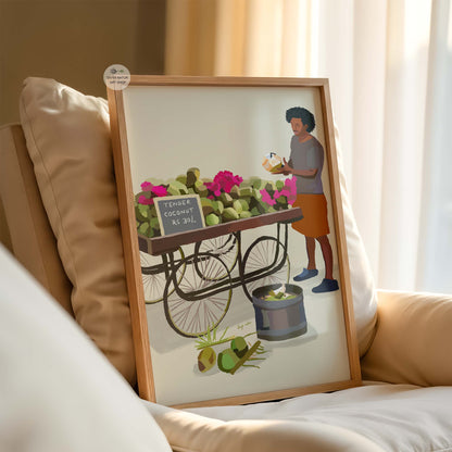 Premium wall art of street vendor serving tender coconuts, tropical minimalist illustration.