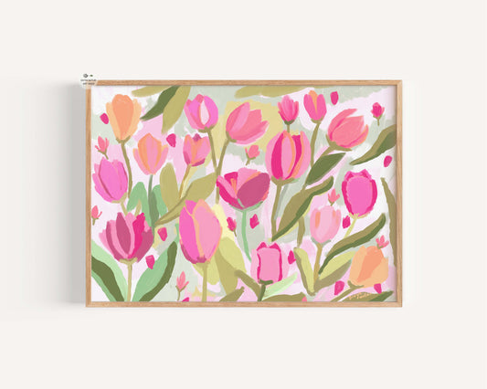 Blooming tulips art print with pink and orange flowers and lush green leaves