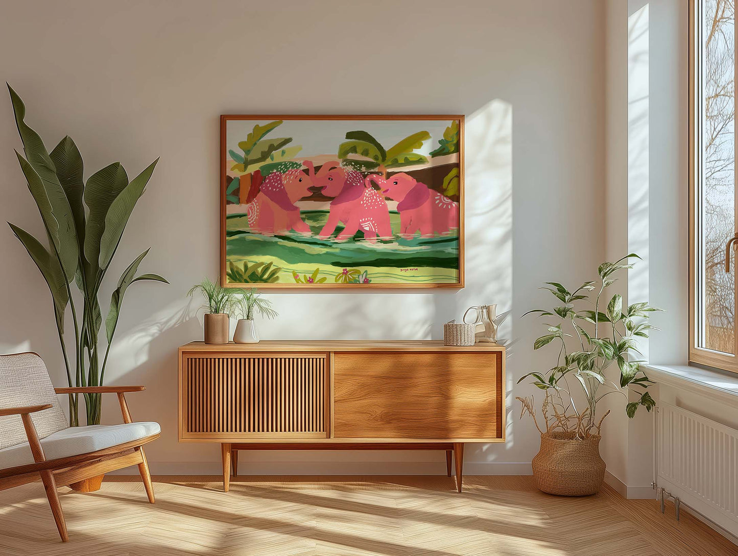 Pink elephant painting with decorative tribal motifs, whimsical wildlife fine art wall décor