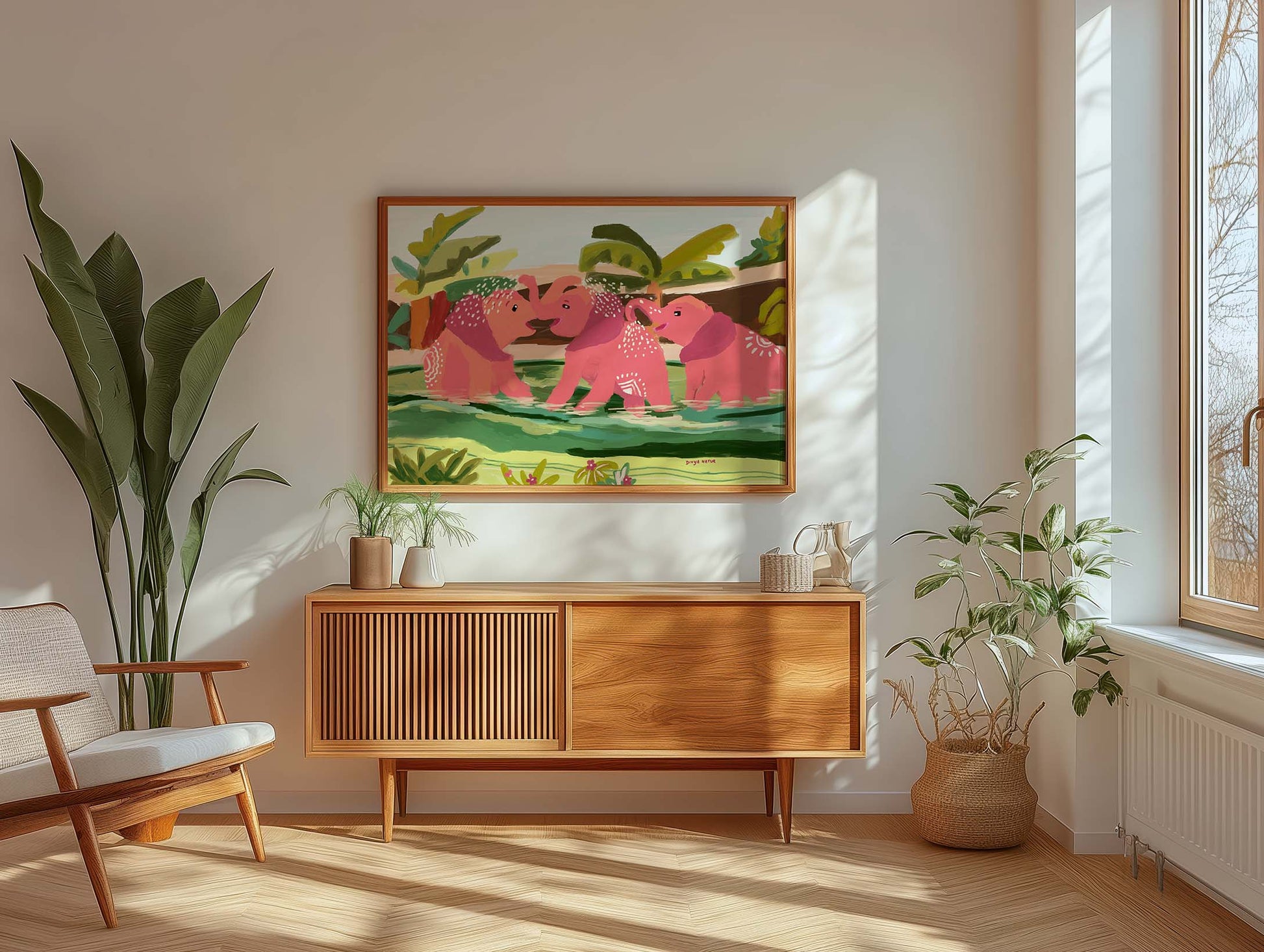 Pink elephant painting with decorative tribal motifs, whimsical wildlife fine art wall décor
