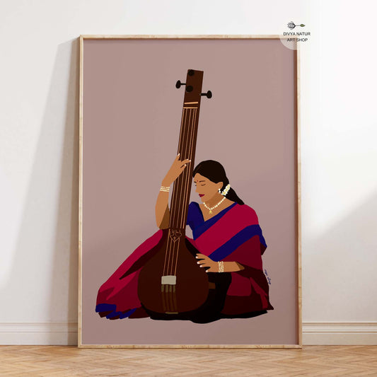Elegant digital illustration of a woman playing the tanpura.