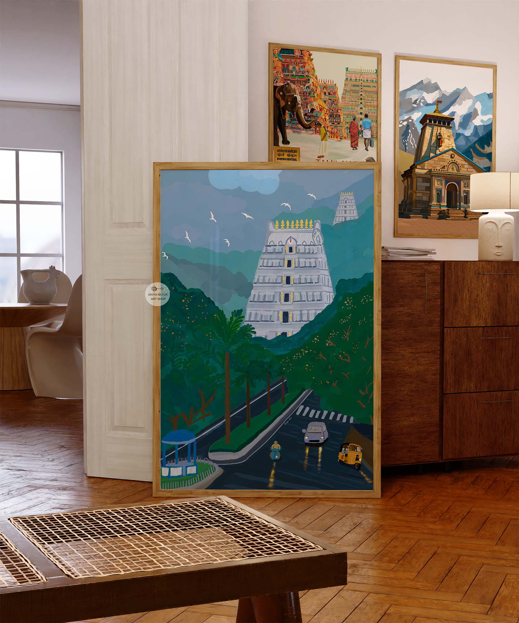 Spiritual Indian temple wall art with Tirumala hills and temple road