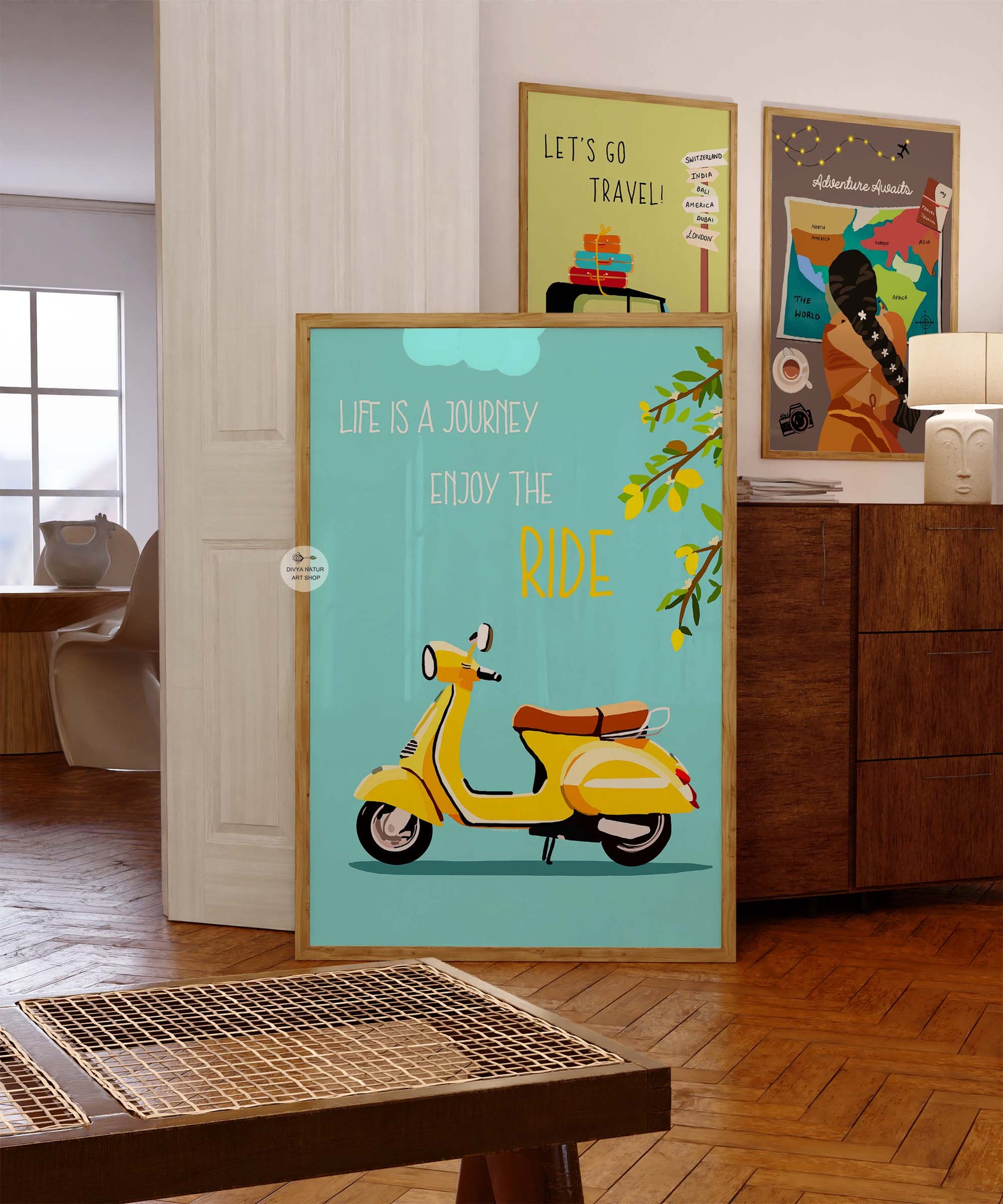 Travel-inspired artwork featuring a vintage Vespa scooter.