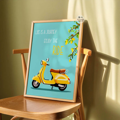 Digital art print of a yellow Vespa for vintage lovers.