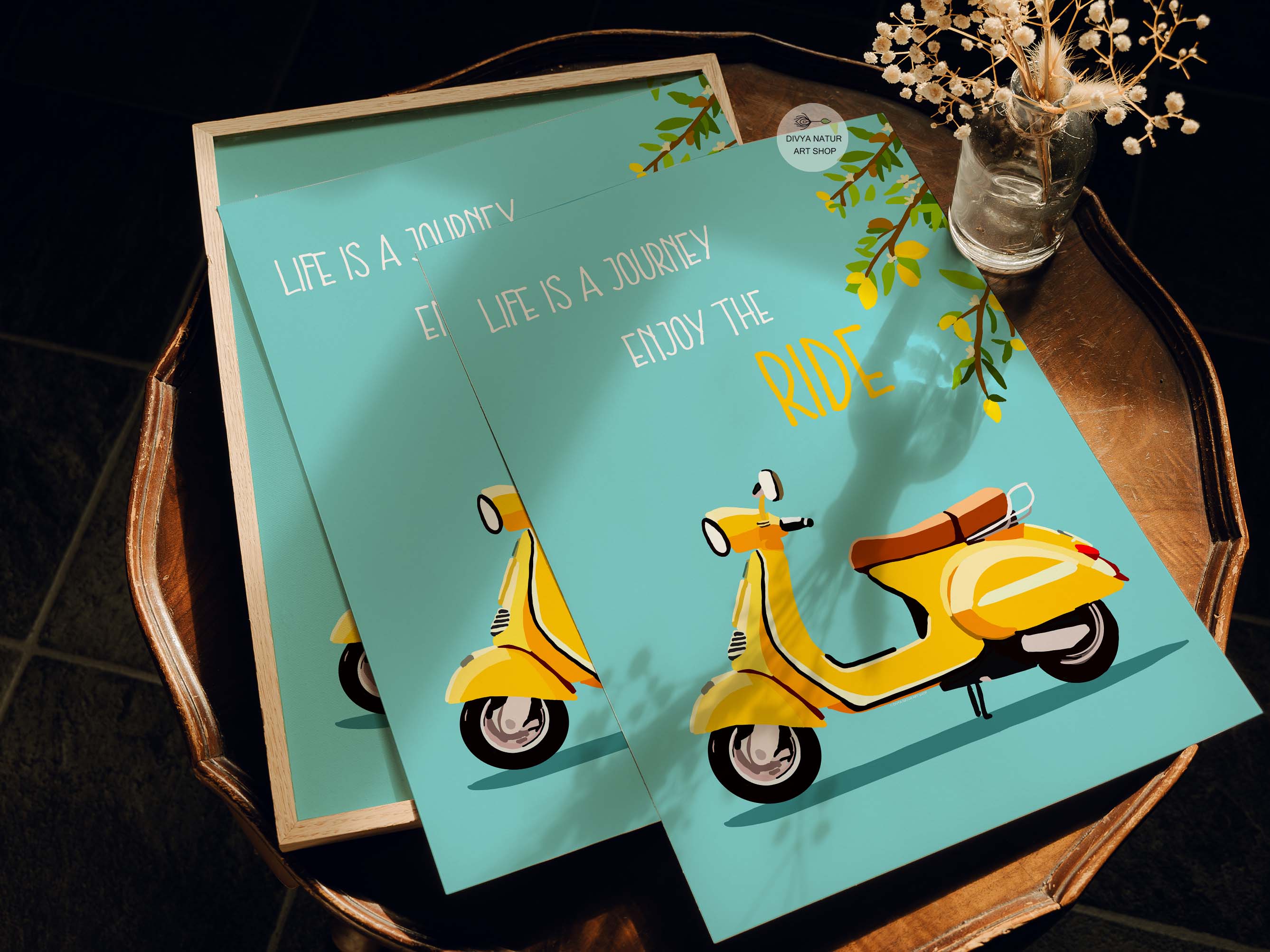 Bright and colorful Vespa scooter poster for home decor.