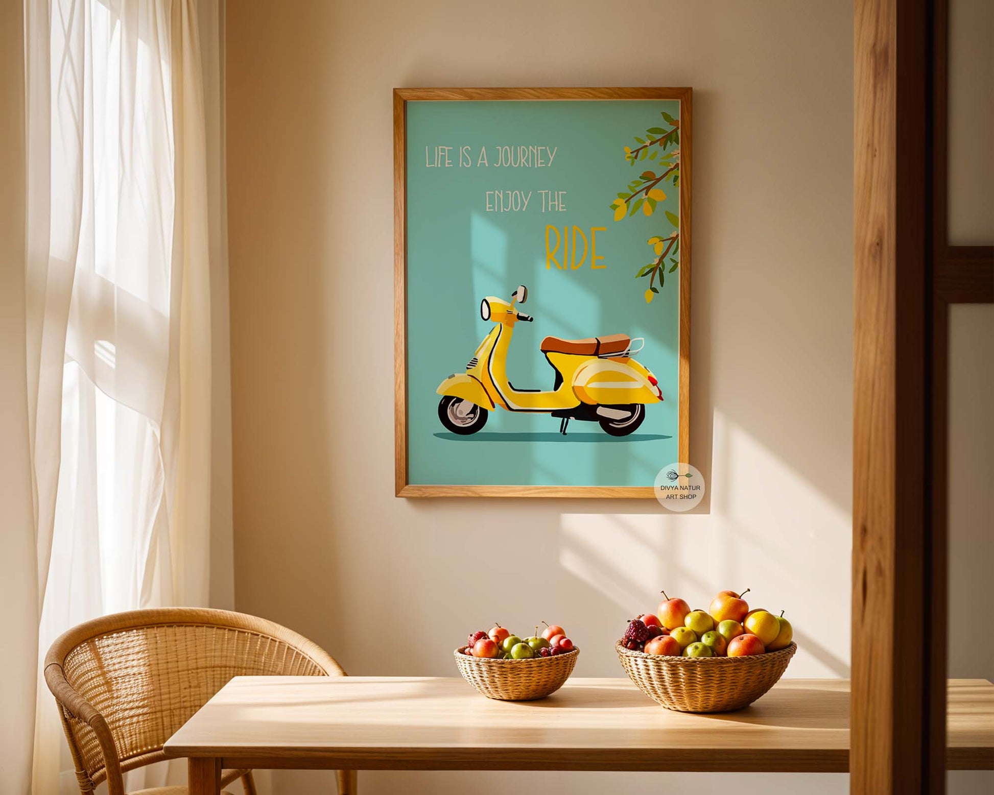 Classic Vespa illustration with vibrant yellow tones.
