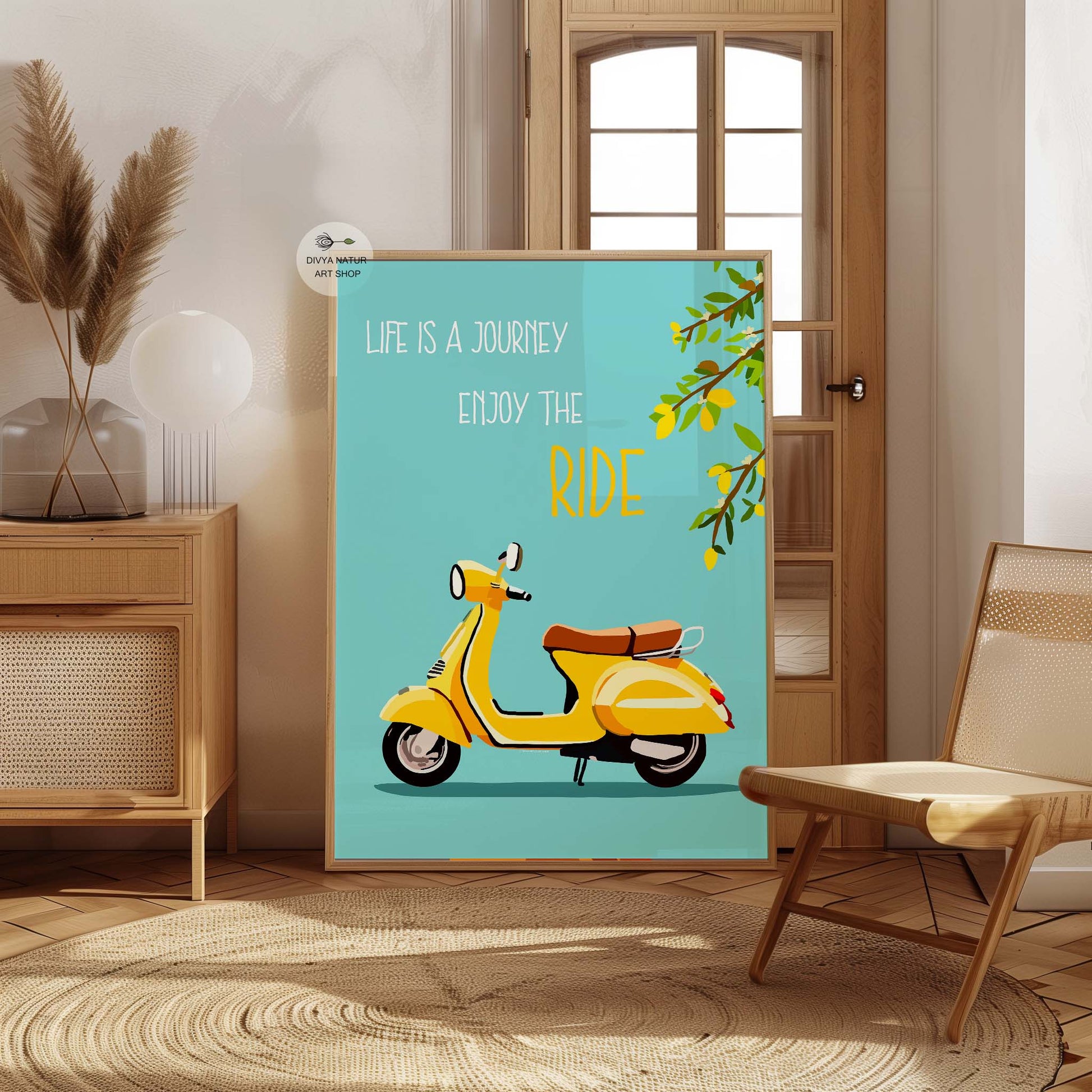 Yellow Vespa artwork to add positivity to living spaces.