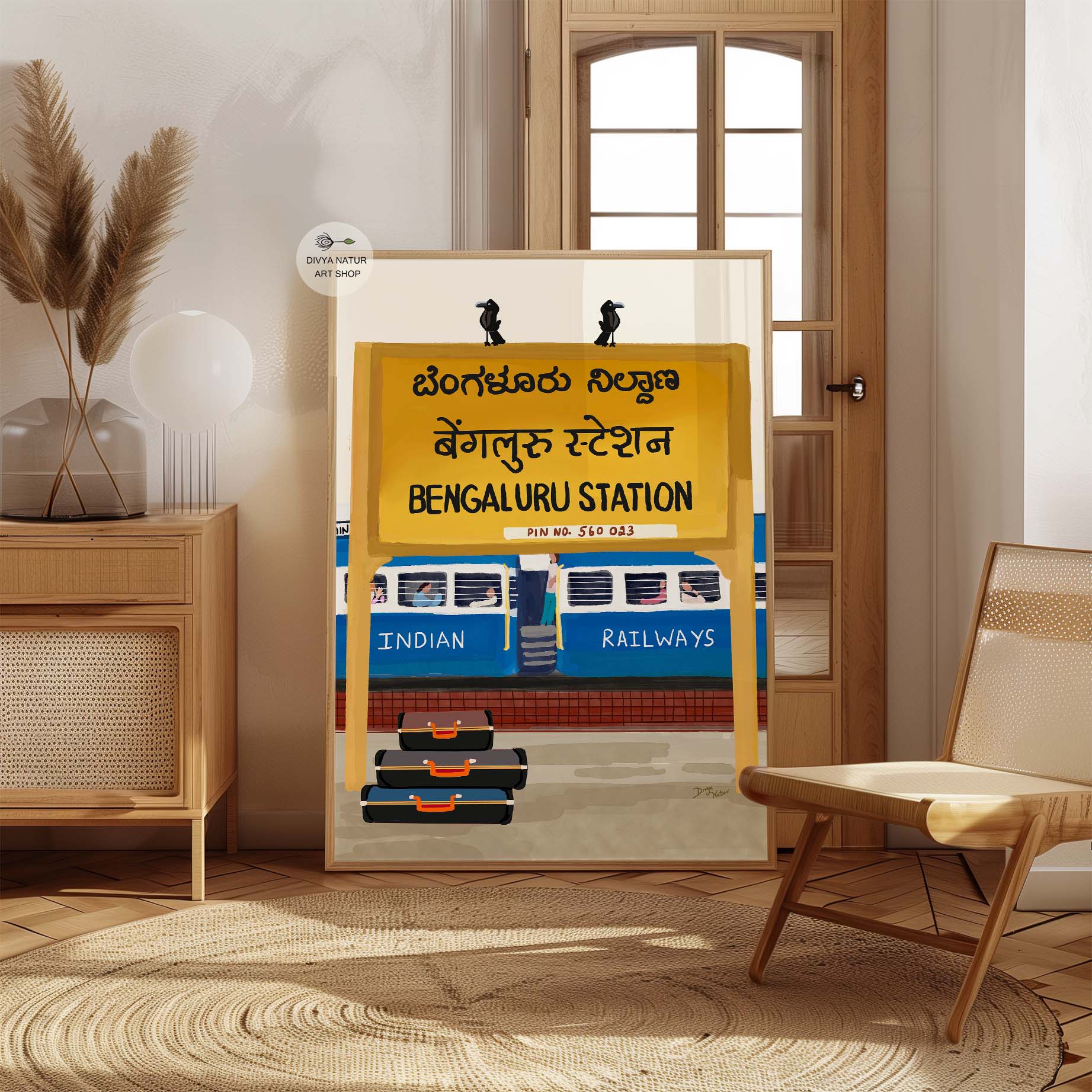 Vibrant digital painting of Bengaluru Station with iconic Indian Railways design.