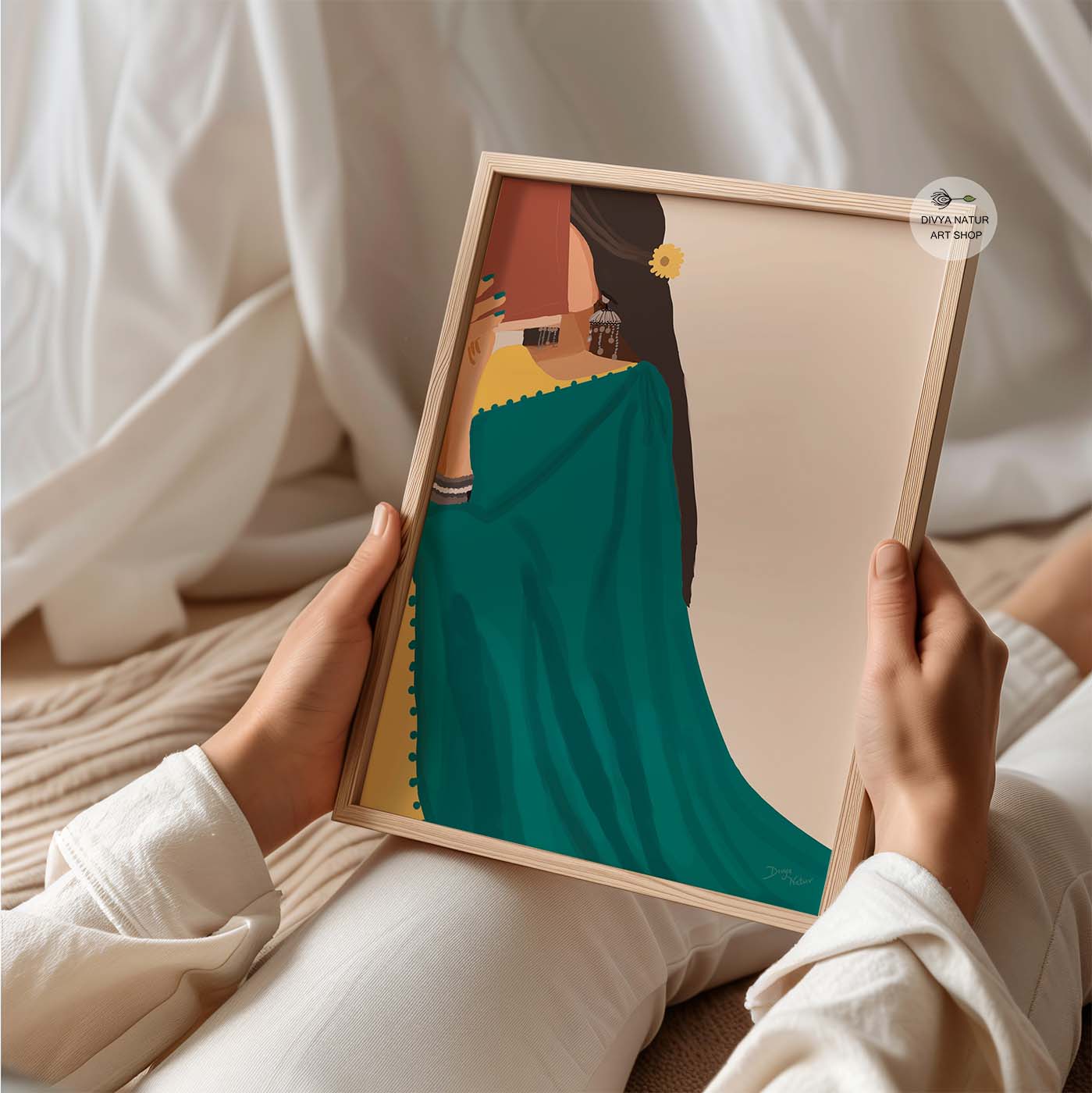 Beautiful Indian art of a woman in a green saree with a book.