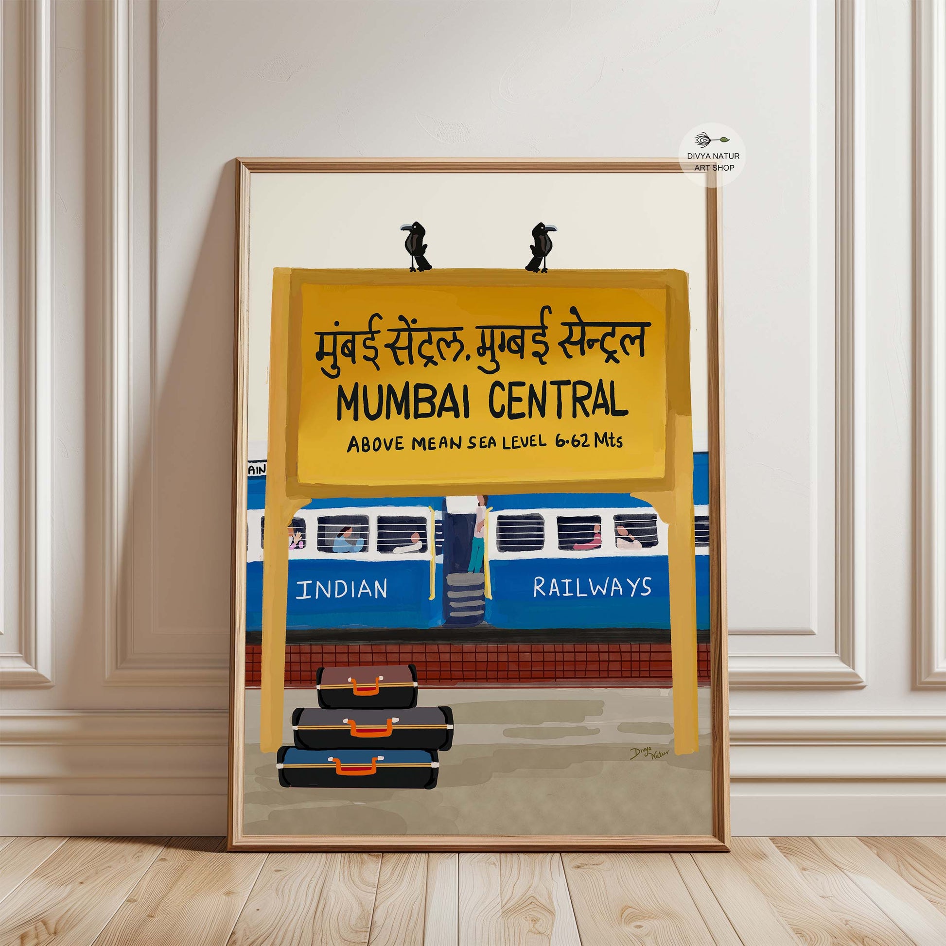 Hand-painted style digital art of Mumbai Central with Indian Railways train and crows.