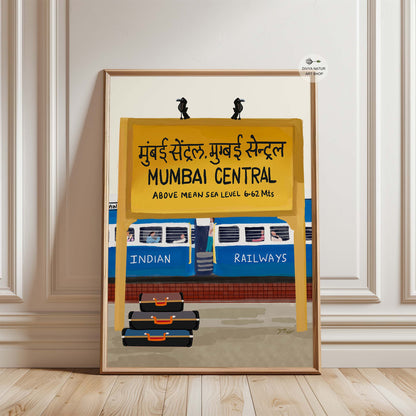 Hand-painted style digital art of Mumbai Central with Indian Railways train and crows.