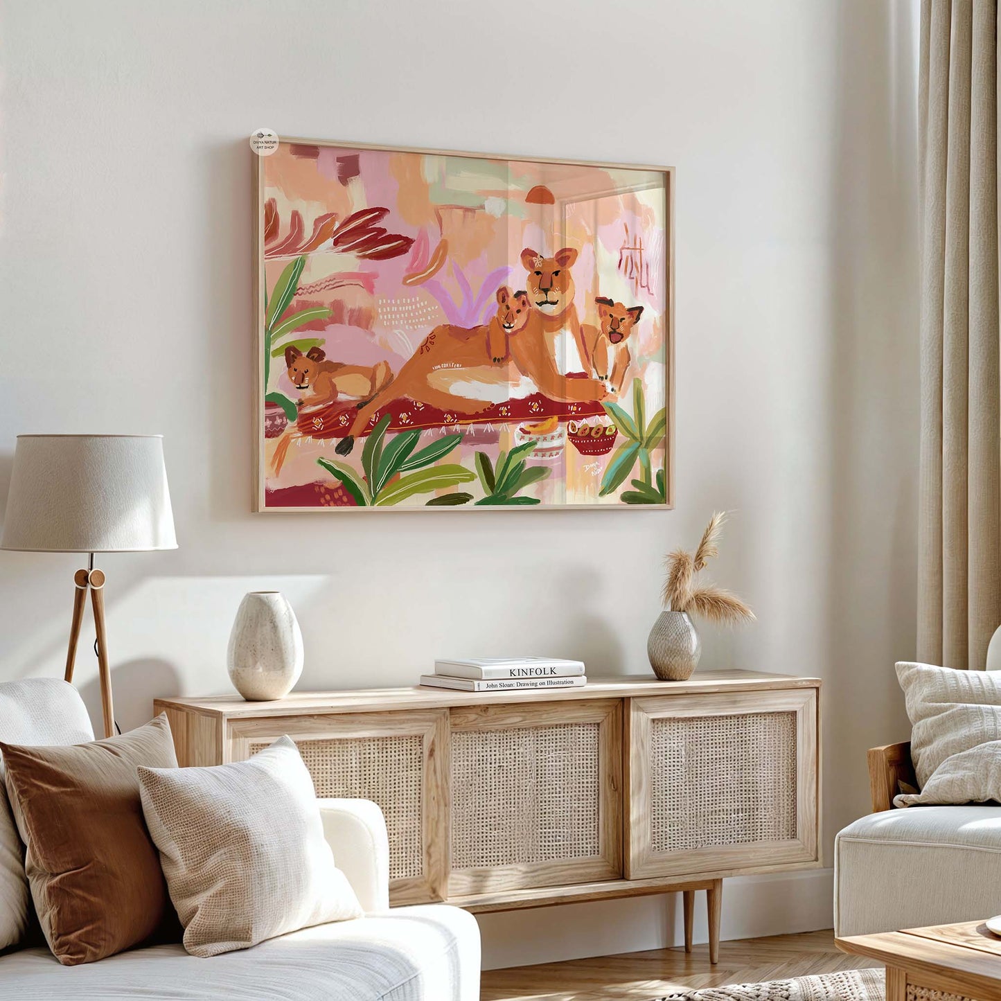 Jungle lion family wall art, archival giclée print for boho interiors, nurseries, and family rooms