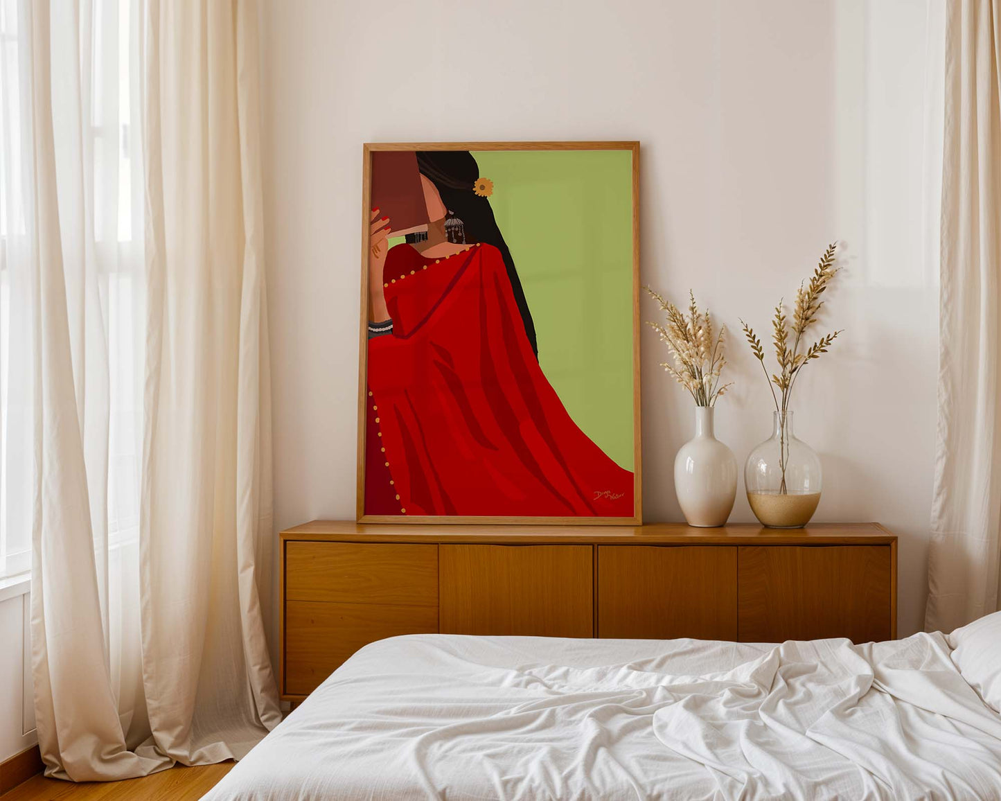 Traditional Indian woman with a book, wearing a red saree.