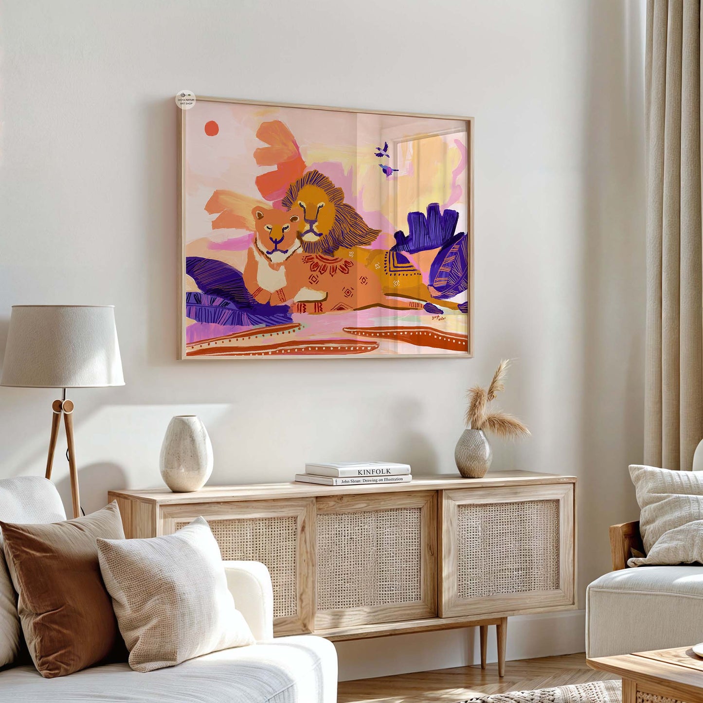 Regal lion pair illustration with decorative patterns and jungle setting, modern wildlife wall art