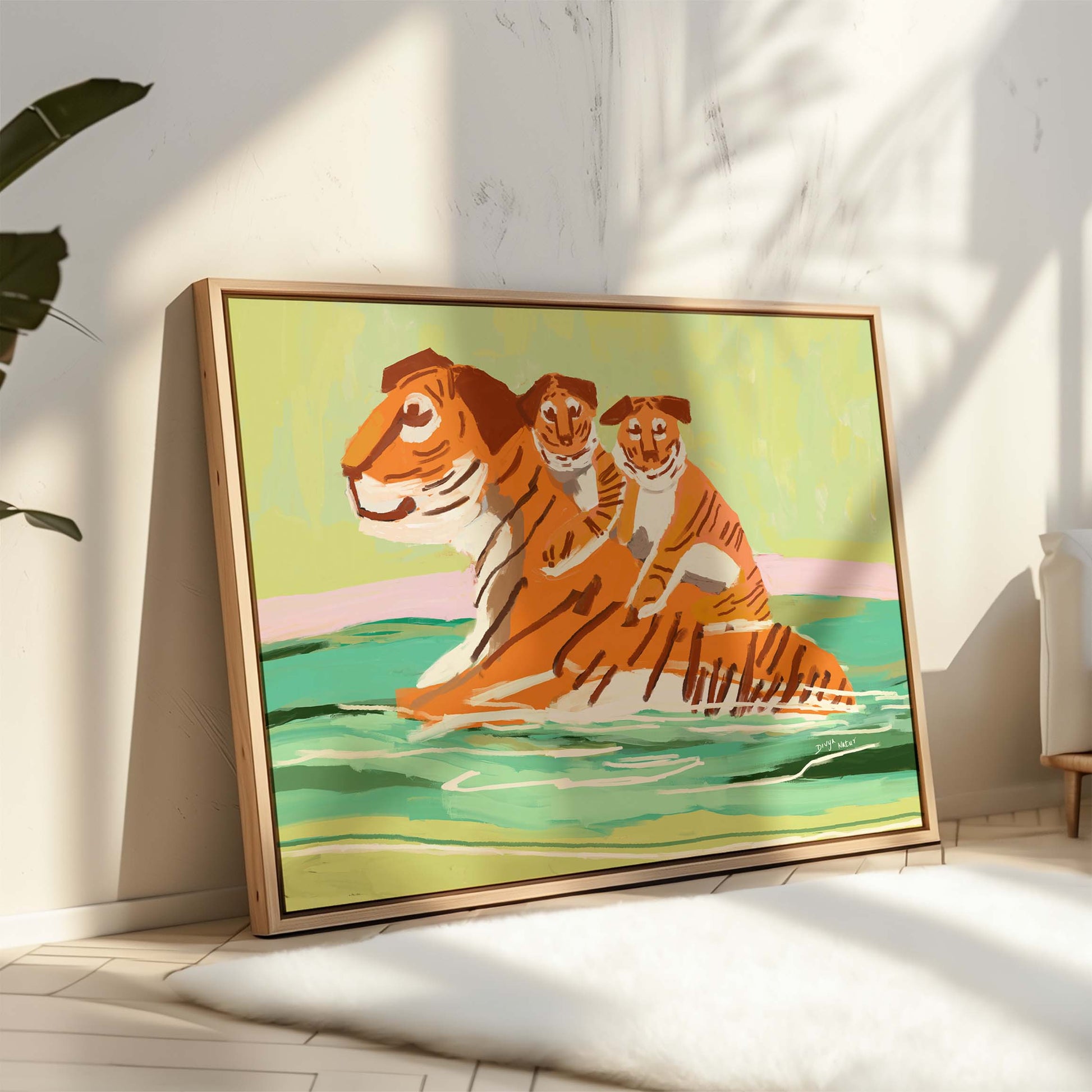 Heartwarming tiger and cubs painting, colorful wildlife illustration for kids’ room or home decor