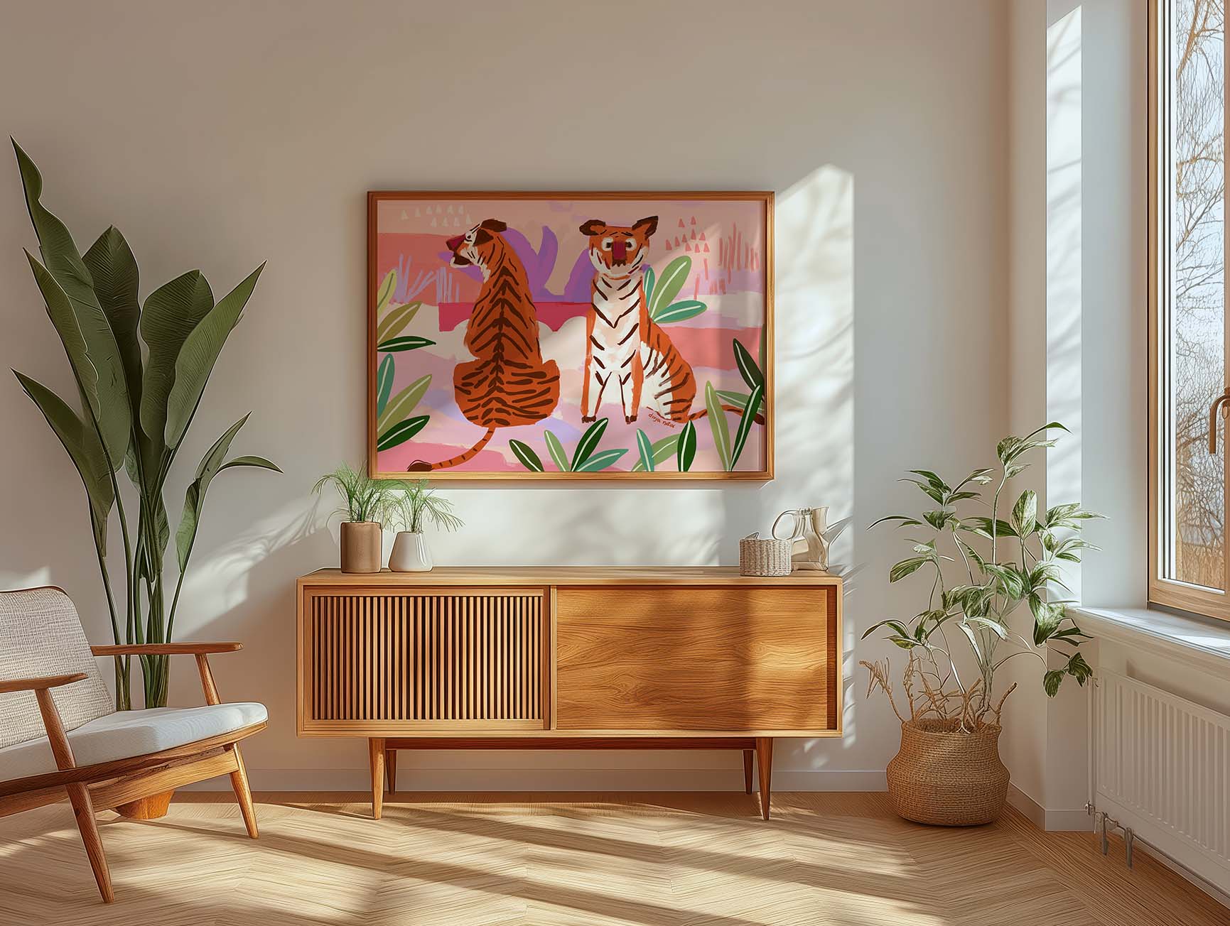 Wildlife painting of two tigers against a pastel jungle landscape, modern fine art wall décor