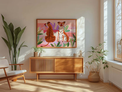 Wildlife painting of two tigers against a pastel jungle landscape, modern fine art wall décor