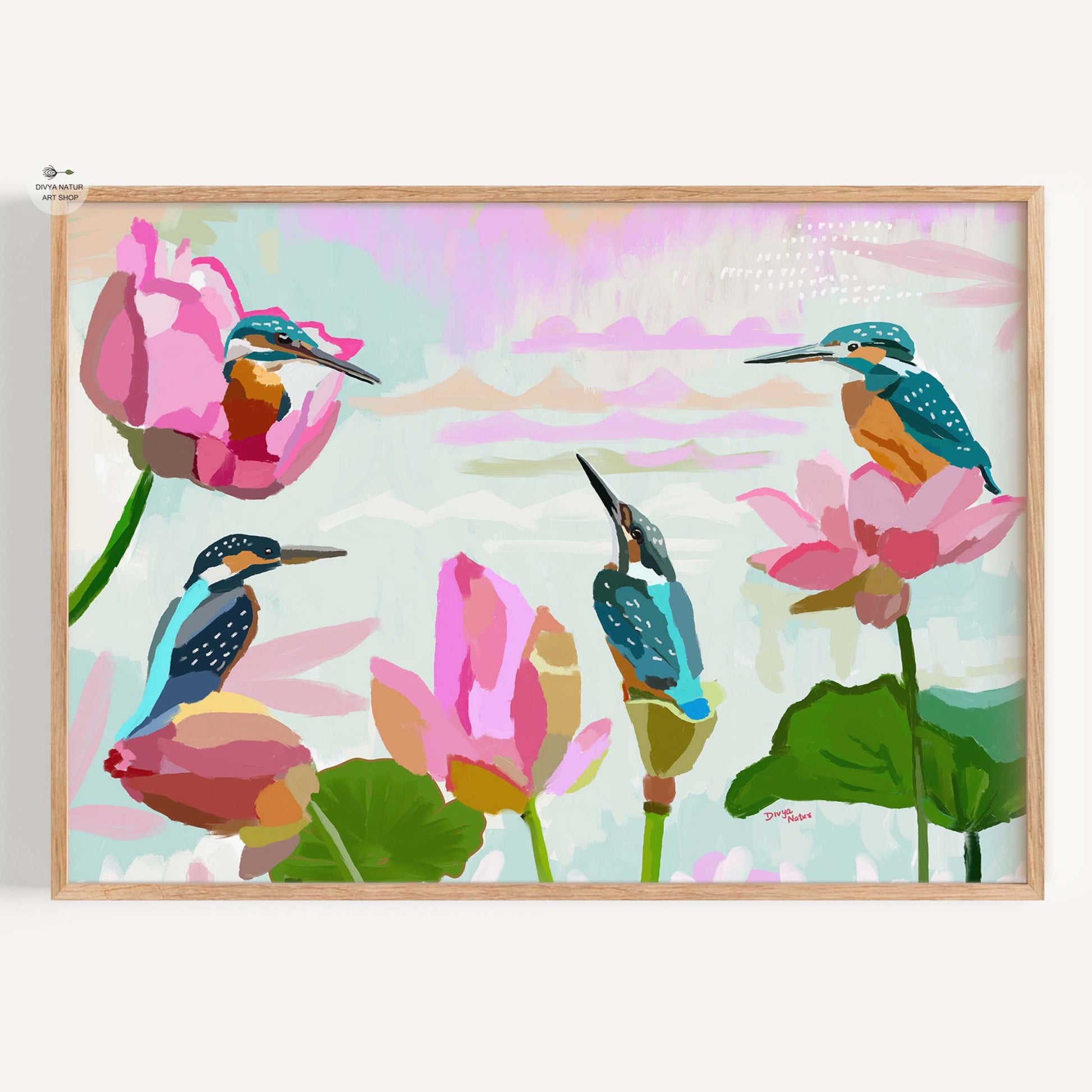 Kingfisher fine art print with bright blue birds perched on pink lotus flowers in modern style