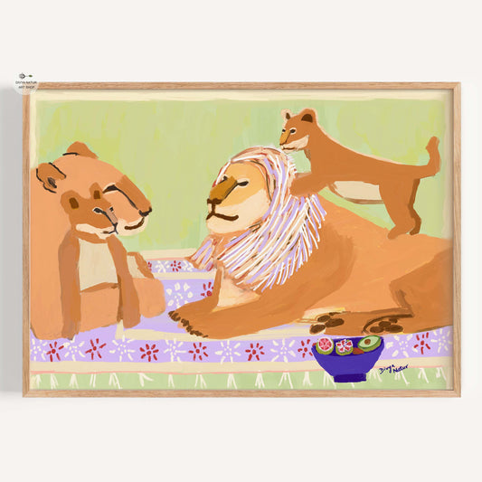 Framed artwork of a lion family with two cubs on a light green background.