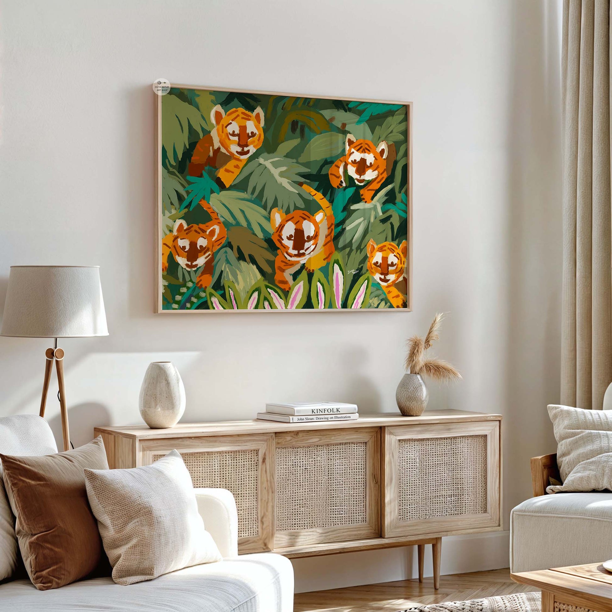 Playful tiger cub wall art with bright colors, perfect for nurseries and jungle-inspired décor