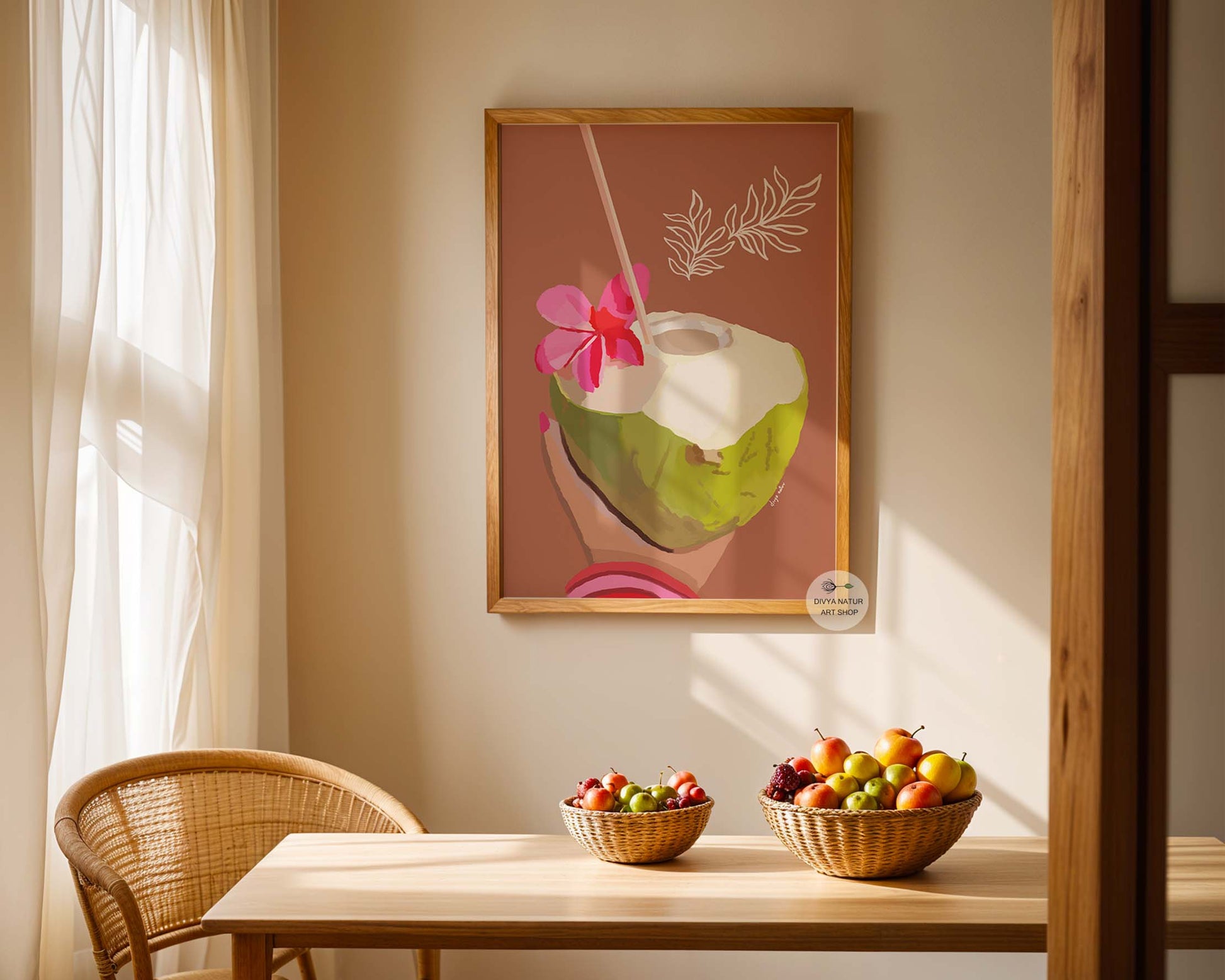 Wellness inspired kitchen wall decor with coconut drink