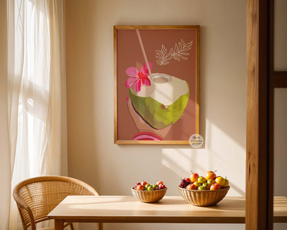 Wellness inspired kitchen wall decor with coconut drink