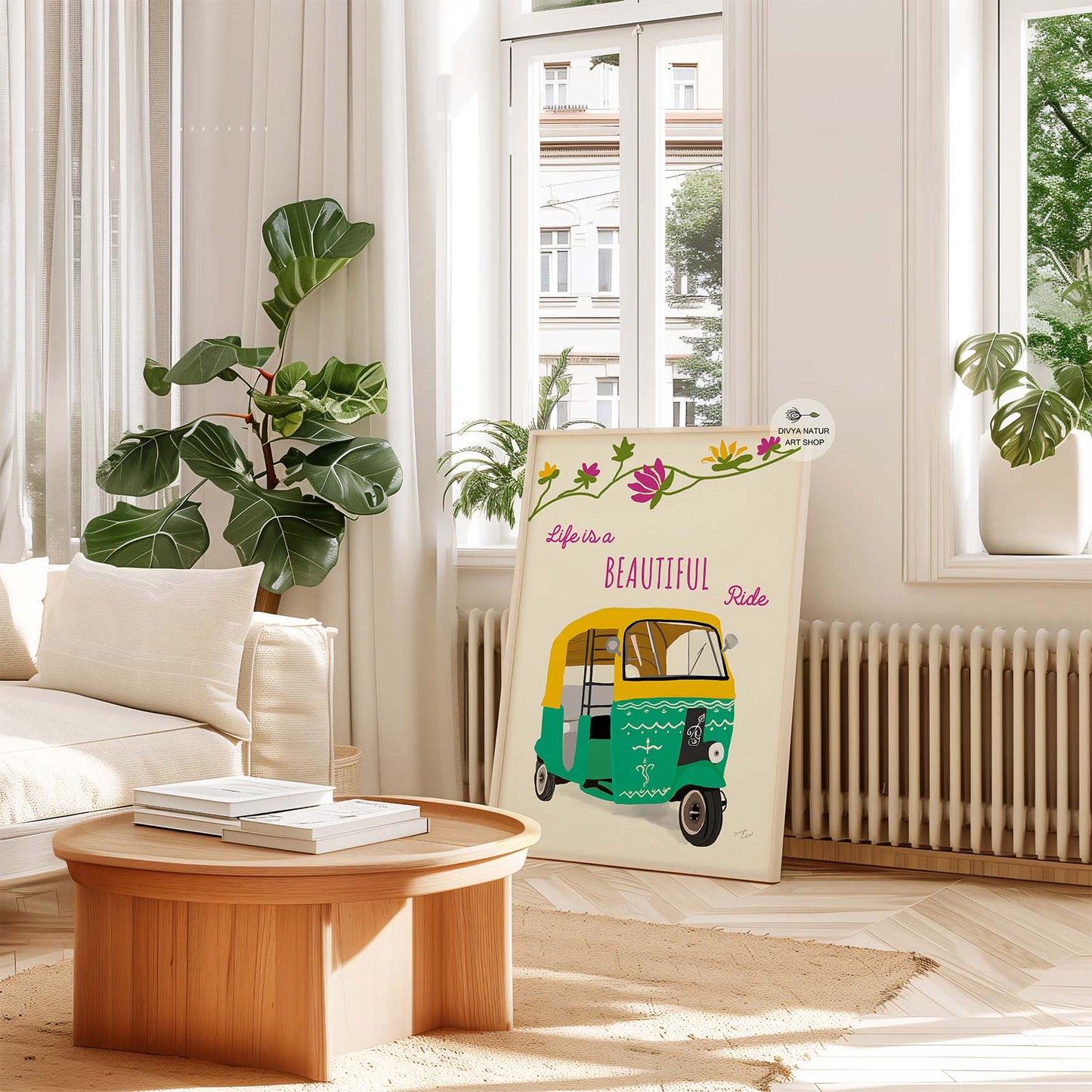 Travel inspired wall decor with Indian tuk tuk illustration
