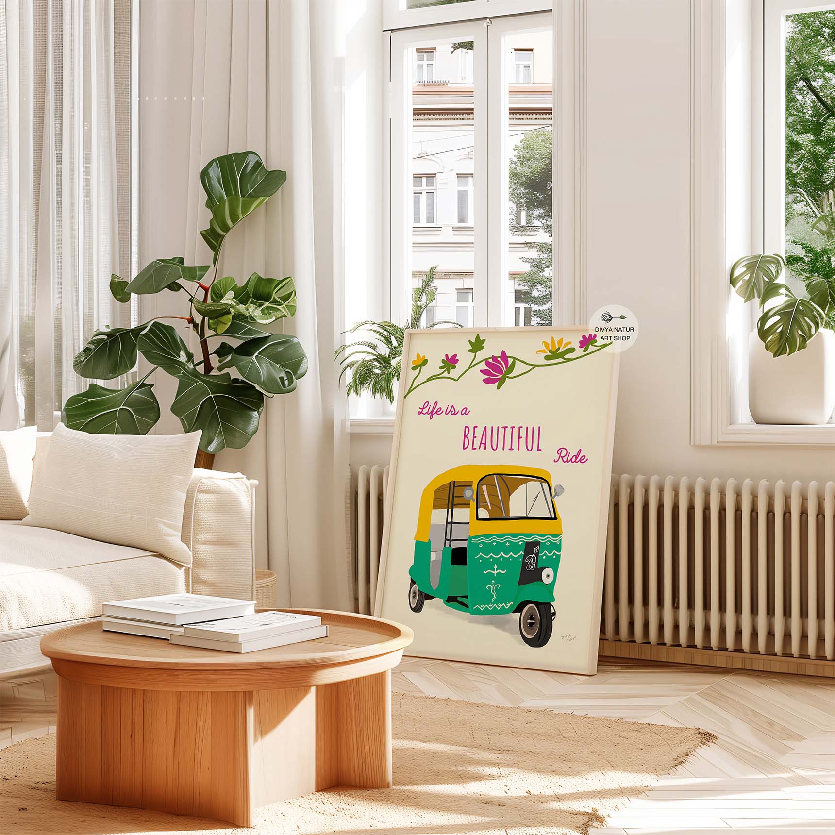 Travel inspired wall decor with Indian tuk tuk illustration