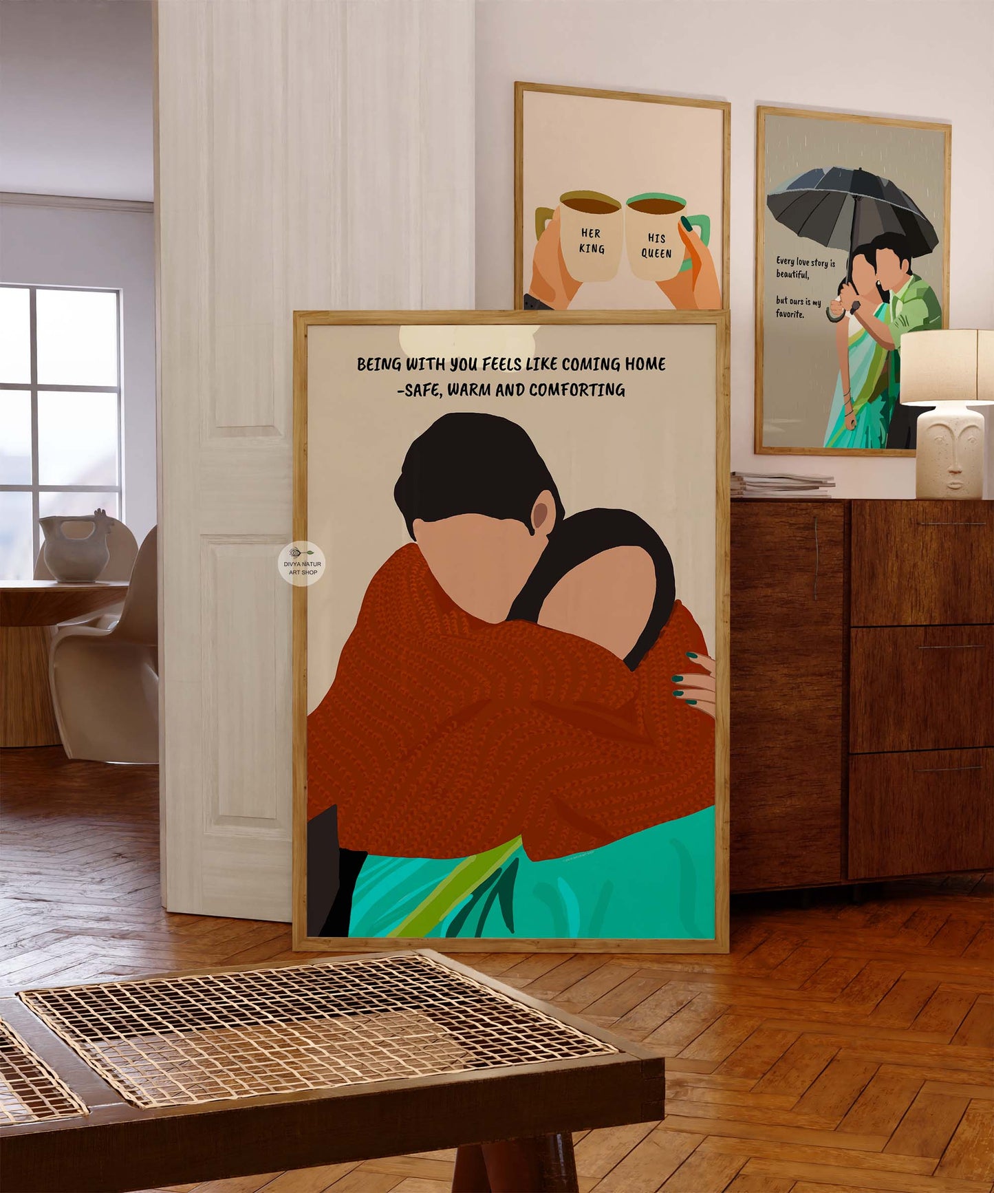 Romantic illustration of an Indian couple in an embrace.