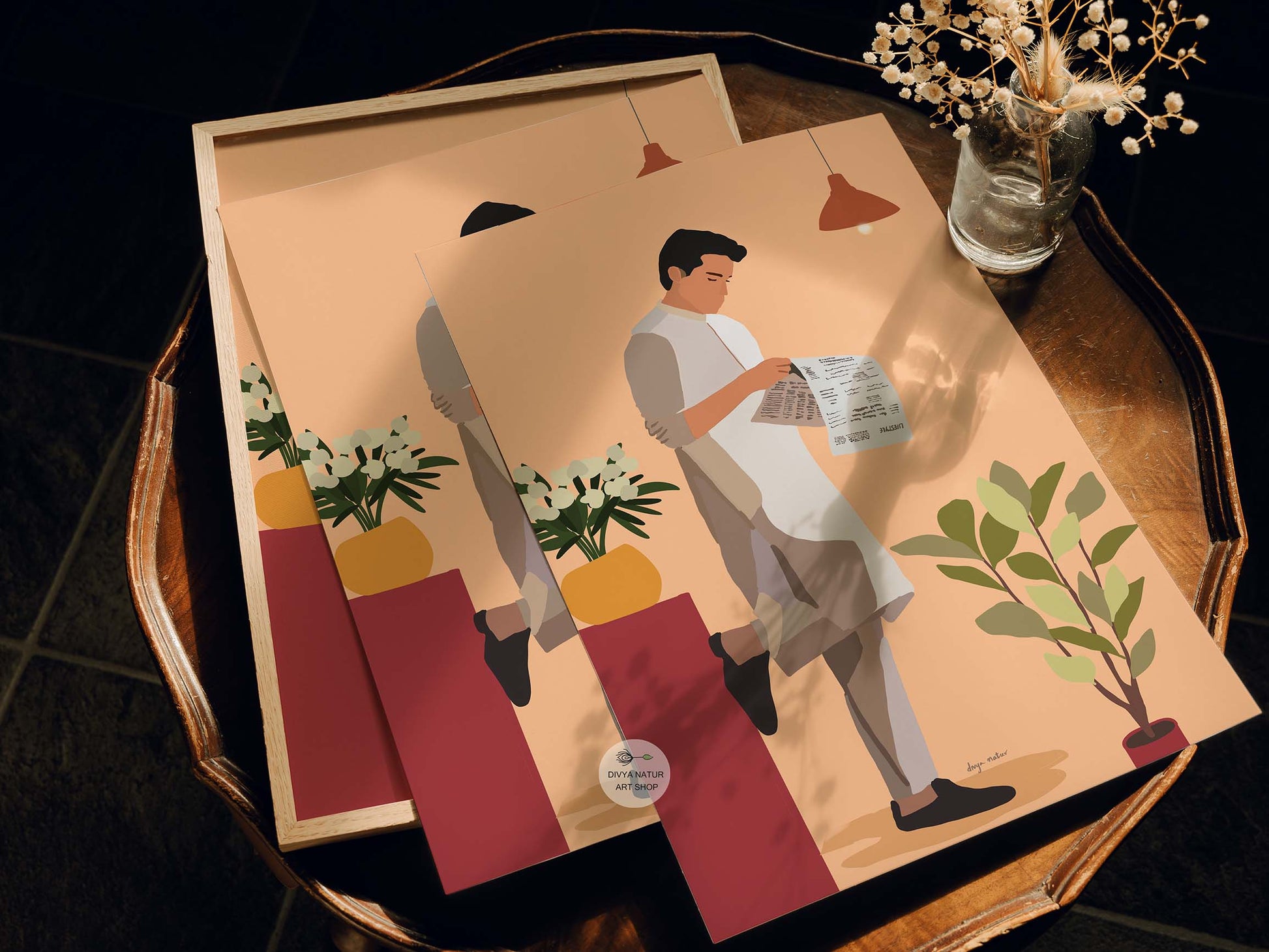 Artistic faceless print of a man in ethnic wear with a newspaper.
