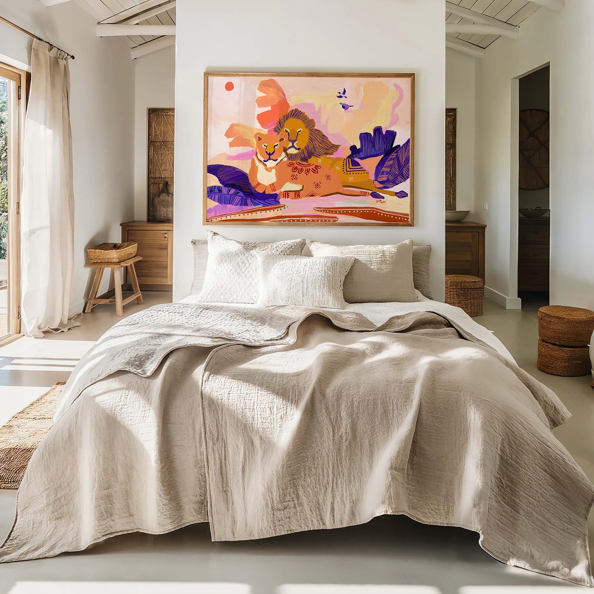 Lion and lioness resting together in symbolic tribal-inspired scene, archival giclée art print