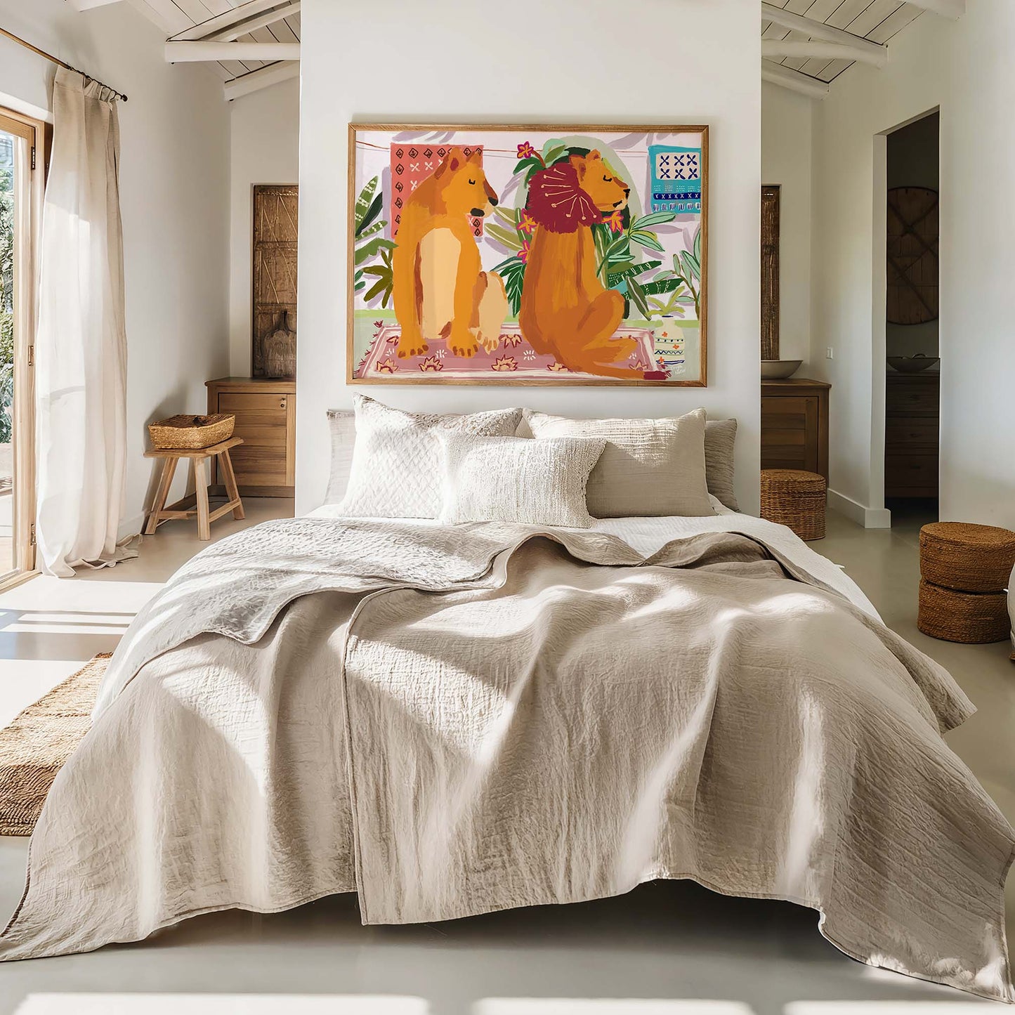 Funny wildlife couple print, symbolic lion and lioness illustration for cozy or boho interiors