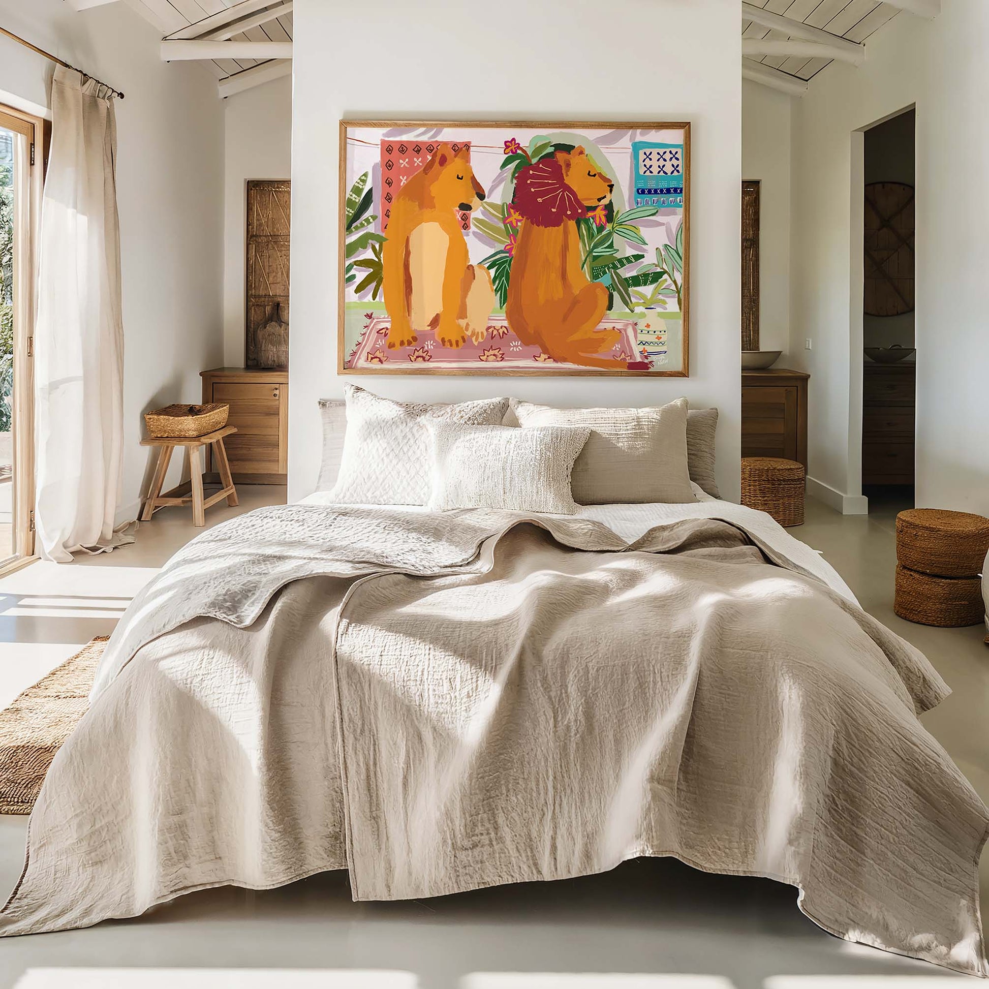 Funny wildlife couple print, symbolic lion and lioness illustration for cozy or boho interiors